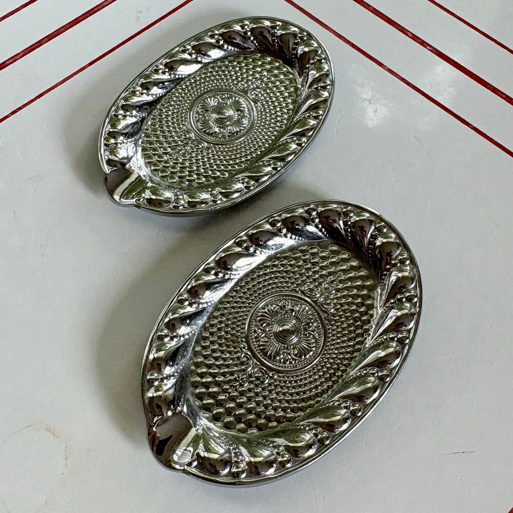 Vintage Set of 2 Silver Tone Individual Ashtrays or Small Trinket Dishes Japan